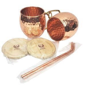 Copper Cure Moscow Mule Mugs Hammered Cup x2 + Straws & Wood Coasters - New!